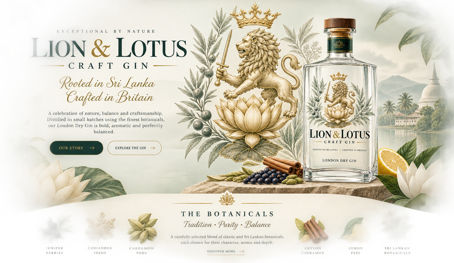 Lion & Lotus heritage artwork with crowned lion, lotus and botanicals